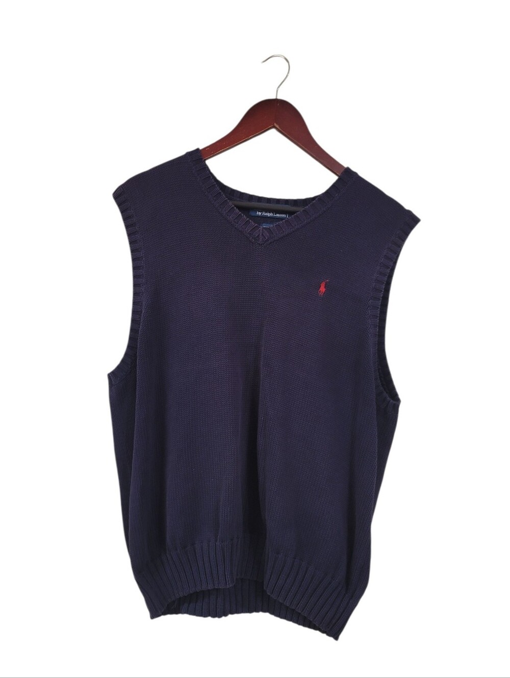 Vintage Ralph Lauren Navy V-Neck Knit Sweater Vest Men's XL Cotton Pony 90s